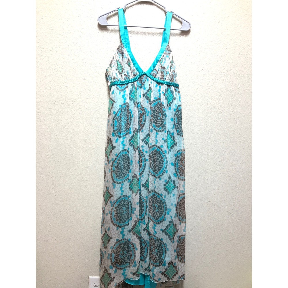 Laundry 100% Silk Maxi by Shelli Segal Dress Teal Mosaic Geometric Braided Trim
